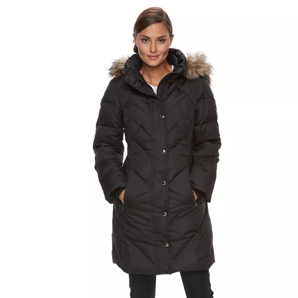 London Fog Women's Diamond Quilted Down Coat Black Medium M Hooded Winter Jacket - Picture 4 of 8